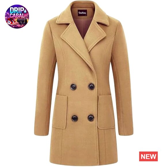 Wool Blend Pea Coat Double Breasted Notched Lapel Elegant Classic Winter - Picture 3 of 3